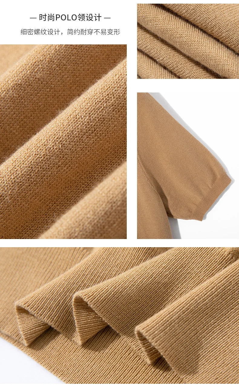 Summer Classic Men Knitwear Silk Wool Blend Sweater Pullover Polo Neck T-Shirt Short Sleeved Cool High-Quality Clothing Tops