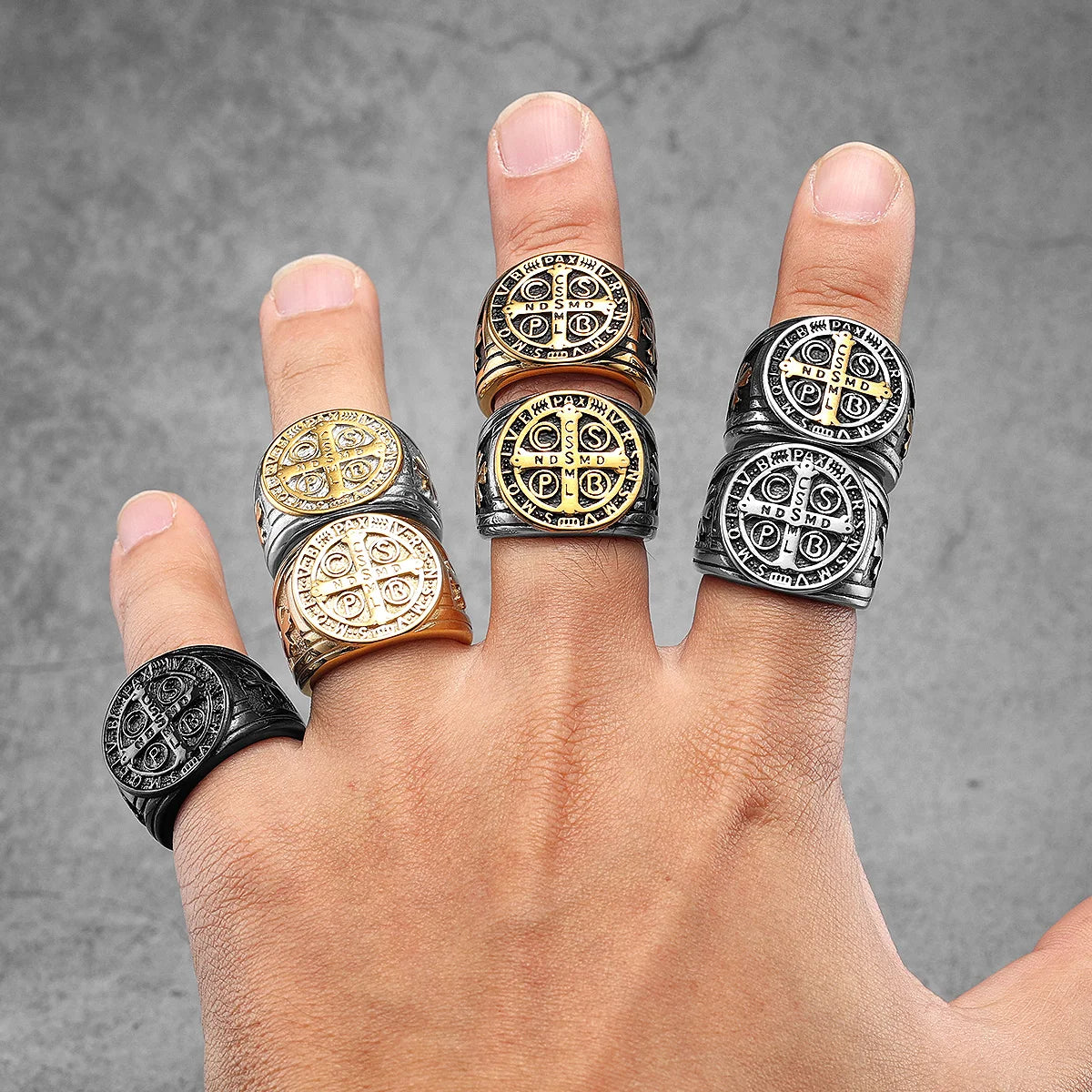 Exorcism Saint Benedict Cspb Cross Men Rings Punk Hip Hop for Boyfriend Male Stainless Steel Jewelry Creativity Gift Wholesale