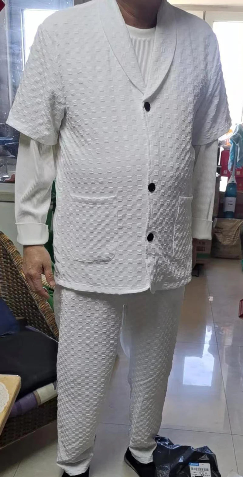 2023 Fashion Men's Two Piece Sets Spring Summer Casual Short Sleeve Shirts Pants Suit Solid Geometry Pattern Printed Outfit Men