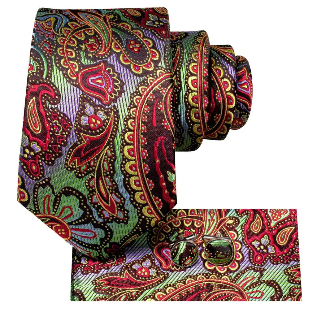Hi-Tie Red Pureple Paisley Mens Ties Hanky Cufflinks Set Silk Necktie For Men Wedding Party Business 2022 New Fashion Brand