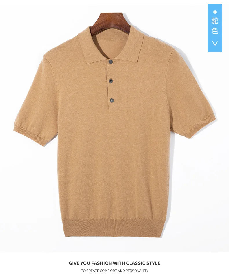 Summer Classic Men Knitwear Silk Wool Blend Sweater Pullover Polo Neck T-Shirt Short Sleeved Cool High-Quality Clothing Tops