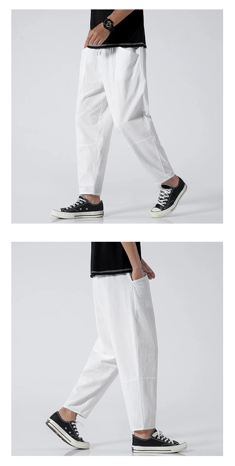 100% Cotton Summer Casual Pants Man Trendy Japanese Cropped Pants Loose Pants Men 5xl