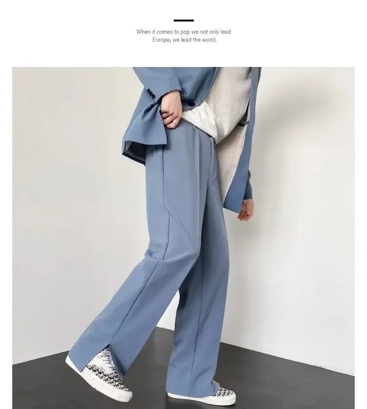 Men's Straight Baggy Casual Pants Korean Slit Personality Suit Trousers Fashion Formal Business Male Streetwear Gray Khaki Black