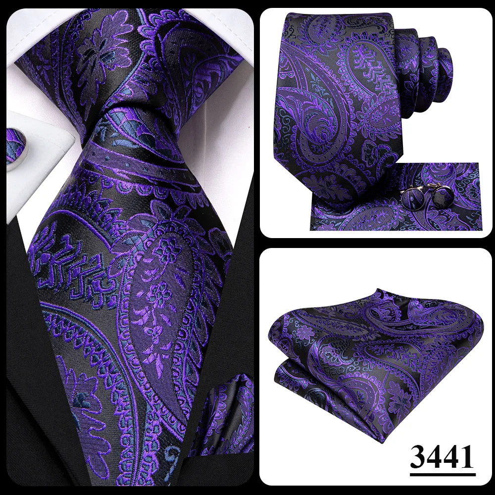 Hi-Tie Red Pureple Paisley Mens Ties Hanky Cufflinks Set Silk Necktie For Men Wedding Party Business 2022 New Fashion Brand