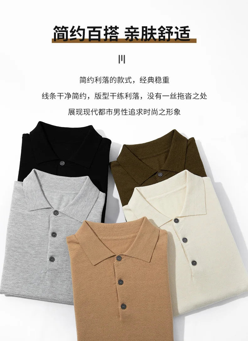 Summer Classic Men Knitwear Silk Wool Blend Sweater Pullover Polo Neck T-Shirt Short Sleeved Cool High-Quality Clothing Tops