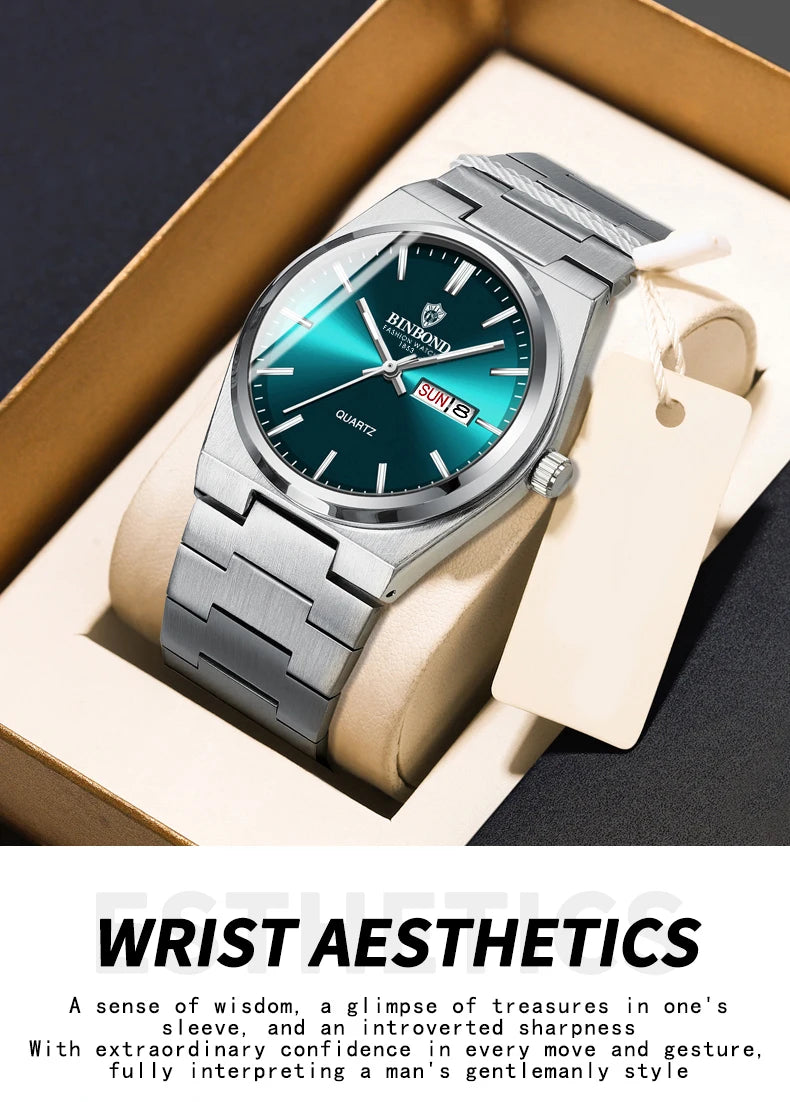 BINBOND Luxury Quartz Man Wristwatch Sport Men Watches Waterproof Luminous Date Week Stainless Steel Men's Watch Male Reloj+box