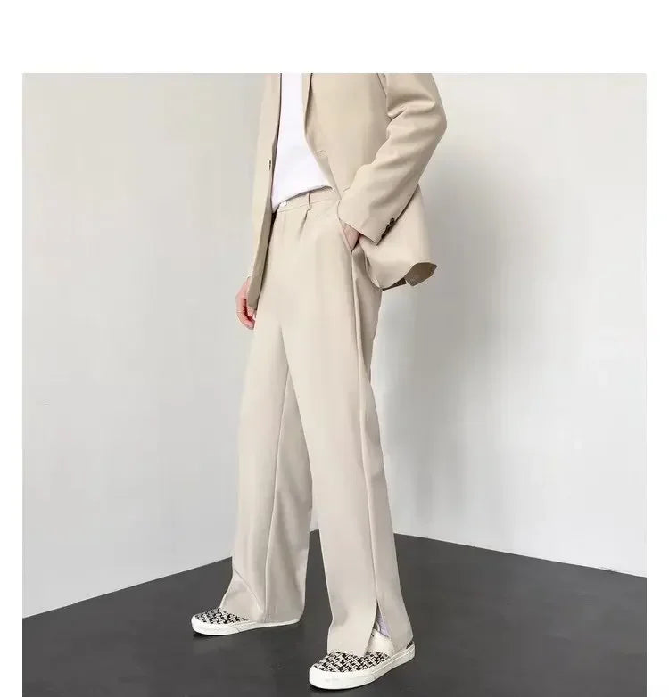 Men's Straight Baggy Casual Pants Korean Slit Personality Suit Trousers Fashion Formal Business Male Streetwear Gray Khaki Black