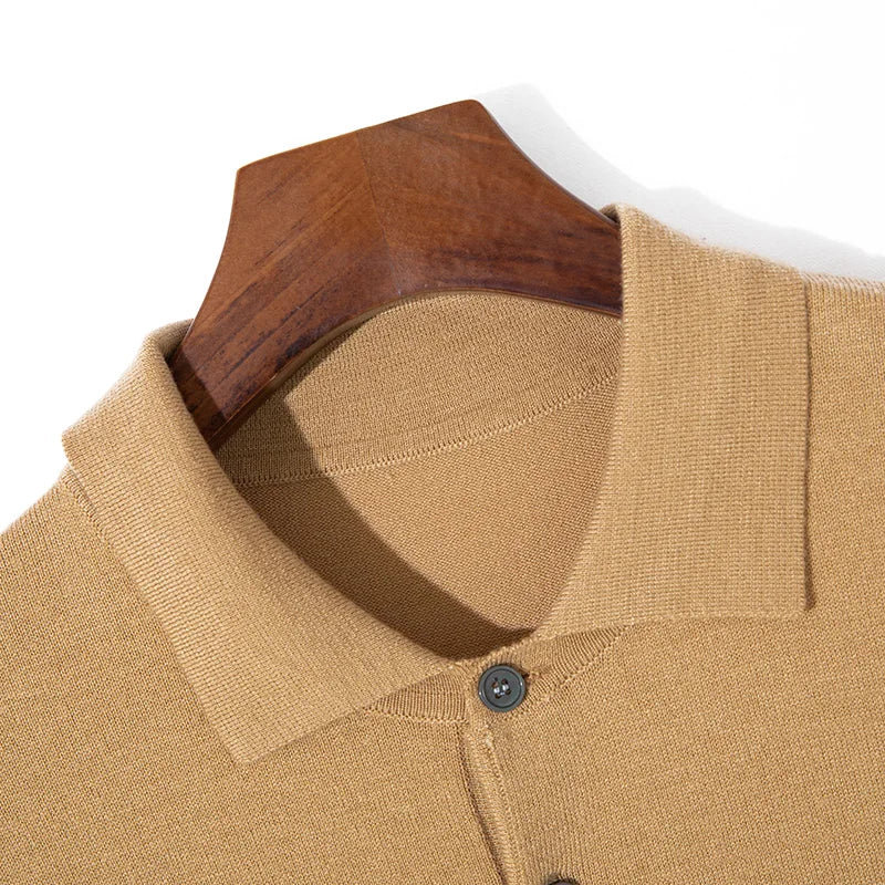 Summer Classic Men Knitwear Silk Wool Blend Sweater Pullover Polo Neck T-Shirt Short Sleeved Cool High-Quality Clothing Tops