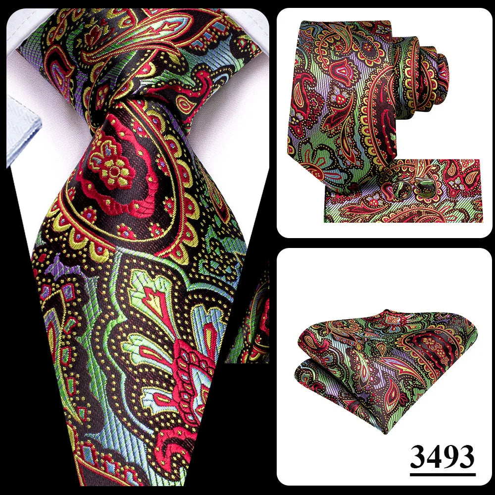 Hi-Tie Red Pureple Paisley Mens Ties Hanky Cufflinks Set Silk Necktie For Men Wedding Party Business 2022 New Fashion Brand