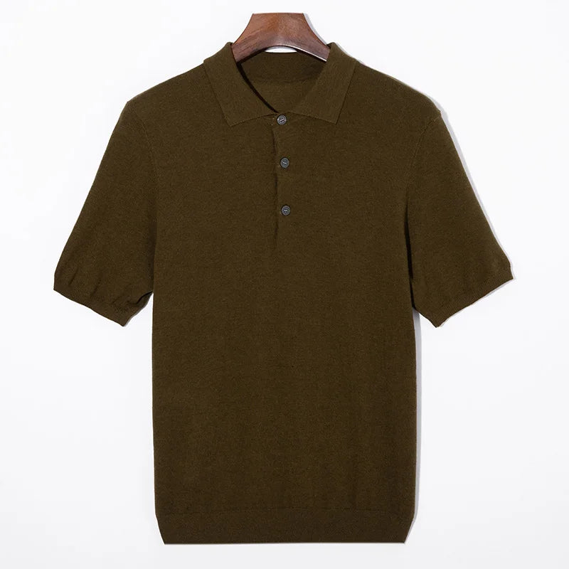 Summer Classic Men Knitwear Silk Wool Blend Sweater Pullover Polo Neck T-Shirt Short Sleeved Cool High-Quality Clothing Tops