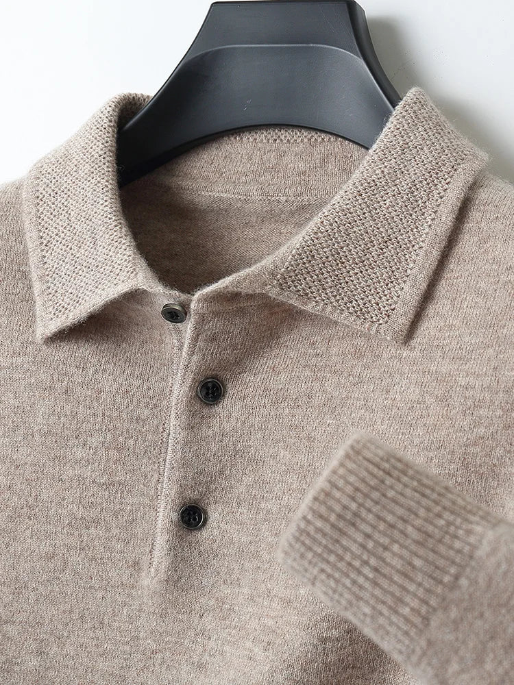 Men's Lapel Knit Pullover 100% Pure Wool Sweater Large Size Spring Autumn Winter Warm Tops Youth Casual Polo Collar T-shirt