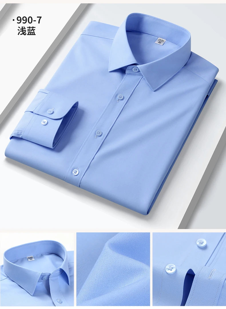Quality Elasticity Anti-Wrinkle Men Shirt Long Sleeves Dress Shirts For Men Slim Fit Camisa Social Business Blouse White Shirt