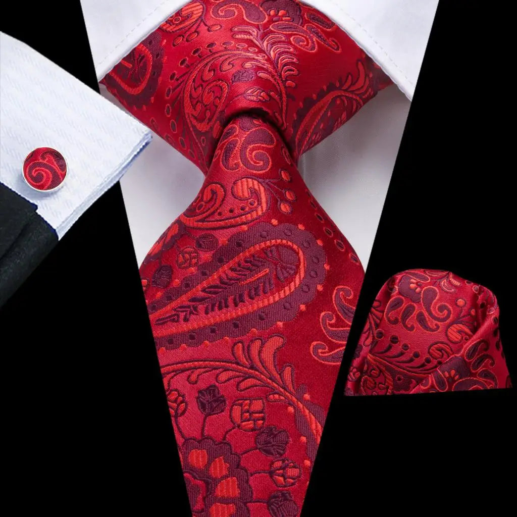 Hi-Tie Red Pureple Paisley Mens Ties Hanky Cufflinks Set Silk Necktie For Men Wedding Party Business 2022 New Fashion Brand