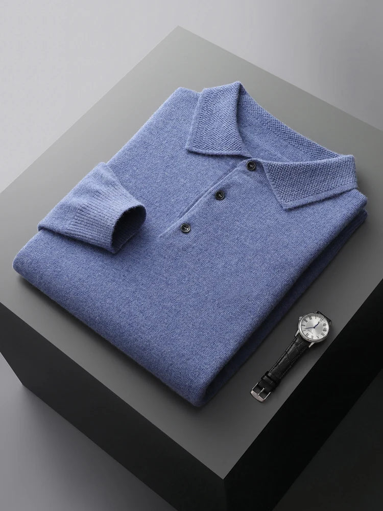 Men's Lapel Knit Pullover 100% Pure Wool Sweater Large Size Spring Autumn Winter Warm Tops Youth Casual Polo Collar T-shirt
