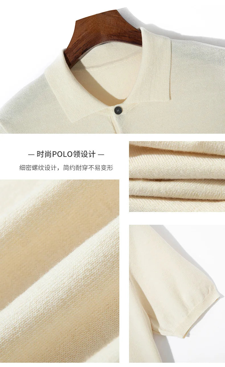 Summer Classic Men Knitwear Silk Wool Blend Sweater Pullover Polo Neck T-Shirt Short Sleeved Cool High-Quality Clothing Tops
