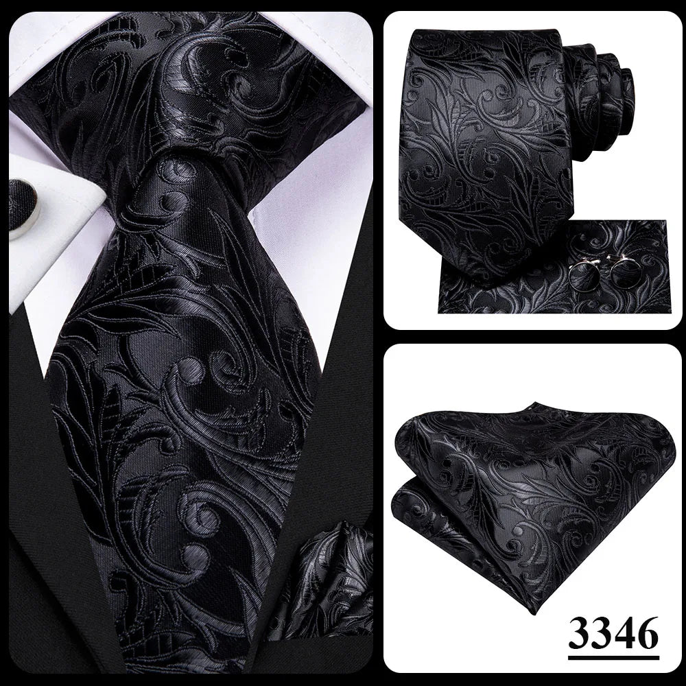 Hi-Tie 100% Silk Luxury Mens Ties Floral Black Gold Ties Paisley NeckTie Pocket Square Cufflinks Set Men's Wedding Party Tie