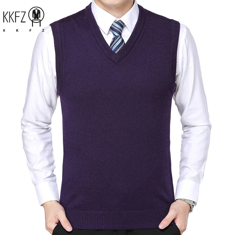 2024 Autumn Winter New Men's Solid Color V-neck Knitted Vest Casual Fashion Warm Sweater Versatile Top