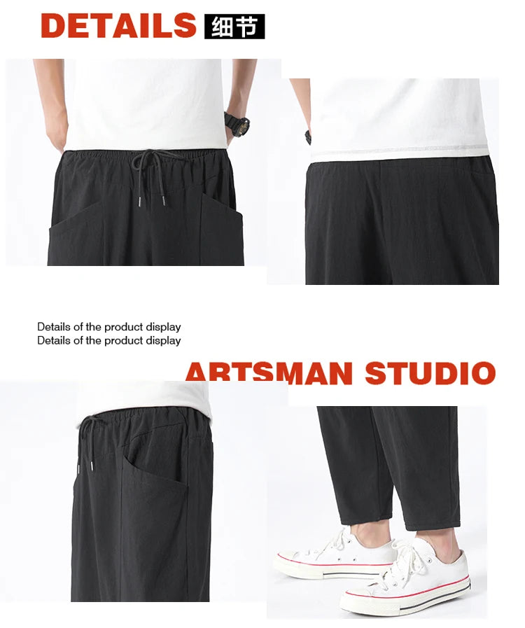 100% Cotton Summer Casual Pants Man Trendy Japanese Cropped Pants Loose Pants Men 5xl