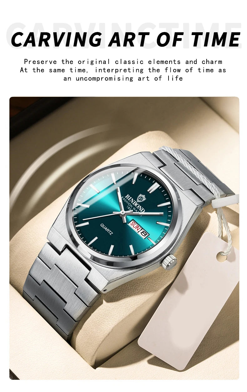 BINBOND Luxury Quartz Man Wristwatch Sport Men Watches Waterproof Luminous Date Week Stainless Steel Men's Watch Male Reloj+box