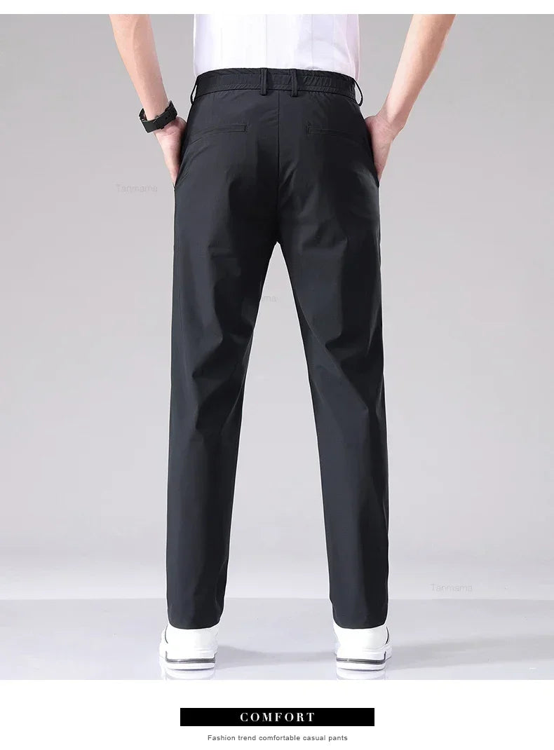 Ultra-thin Elastic Men's Casual Trousers Summer Quick-drying Ice Silk Slim Straight Business Solid Color Trousers Black Gray