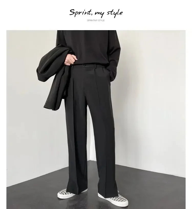 Men's Straight Baggy Casual Pants Korean Slit Personality Suit Trousers Fashion Formal Business Male Streetwear Gray Khaki Black