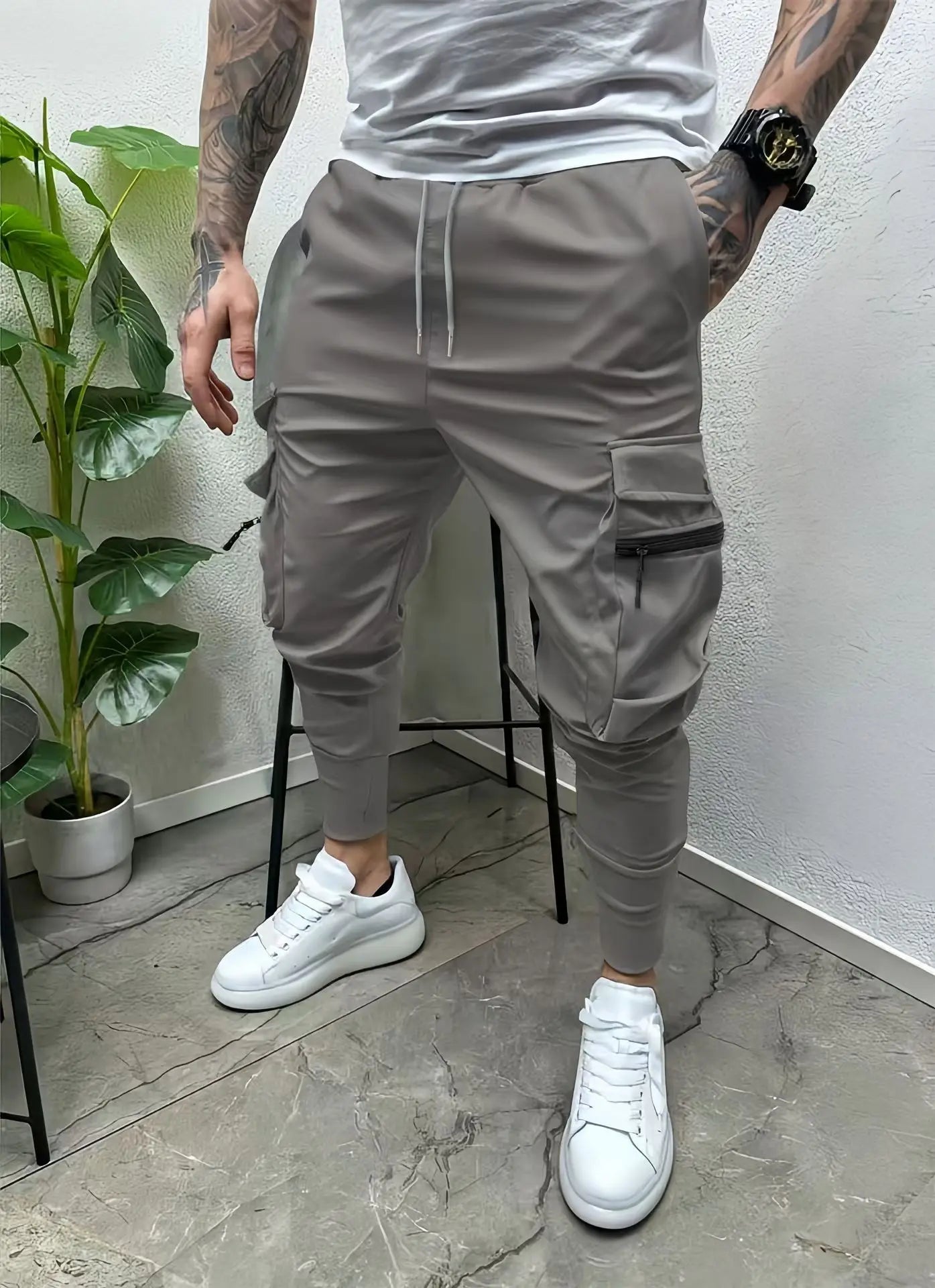 2024 Men's spring and autumn drawstring casual multi-pocket leg slim-fit street overalls outdoor trend pants and fitness pants