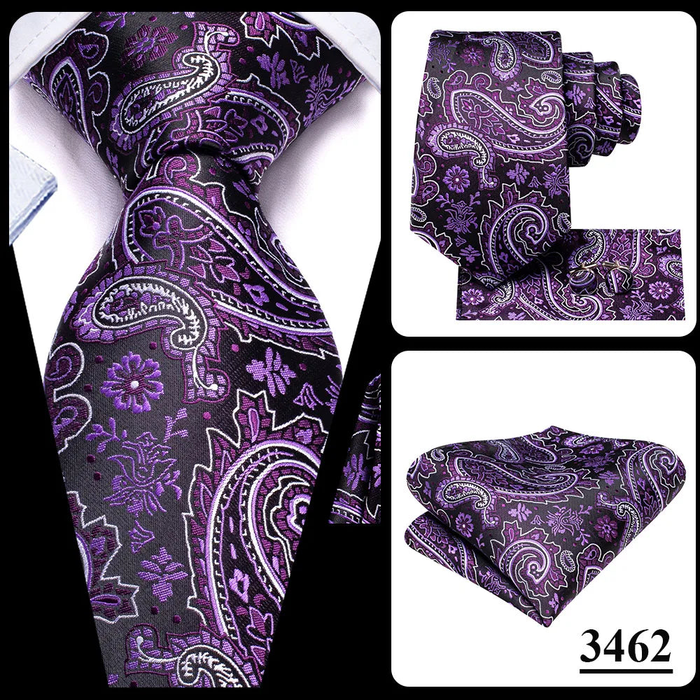 Hi-Tie Red Pureple Paisley Mens Ties Hanky Cufflinks Set Silk Necktie For Men Wedding Party Business 2022 New Fashion Brand