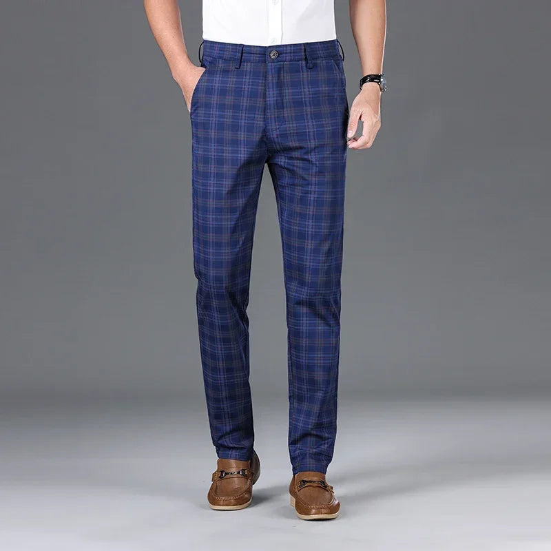 2024 Summer Classic Simple Straight Casual Pants for Men Personalized Checkered Versatile Stretch Business Casual Slim Trousers