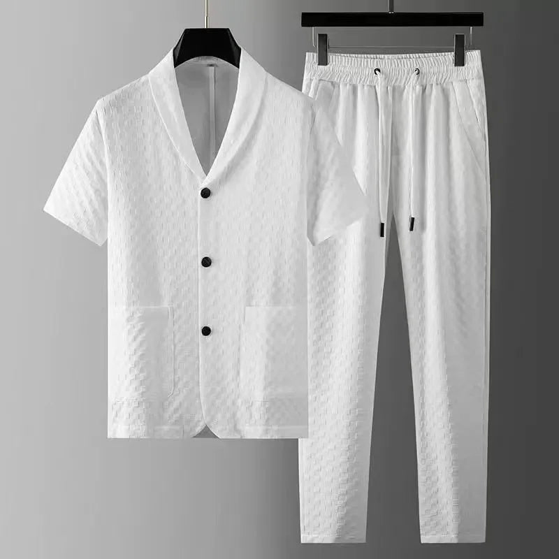 2023 Fashion Men's Two Piece Sets Spring Summer Casual Short Sleeve Shirts Pants Suit Solid Geometry Pattern Printed Outfit Men