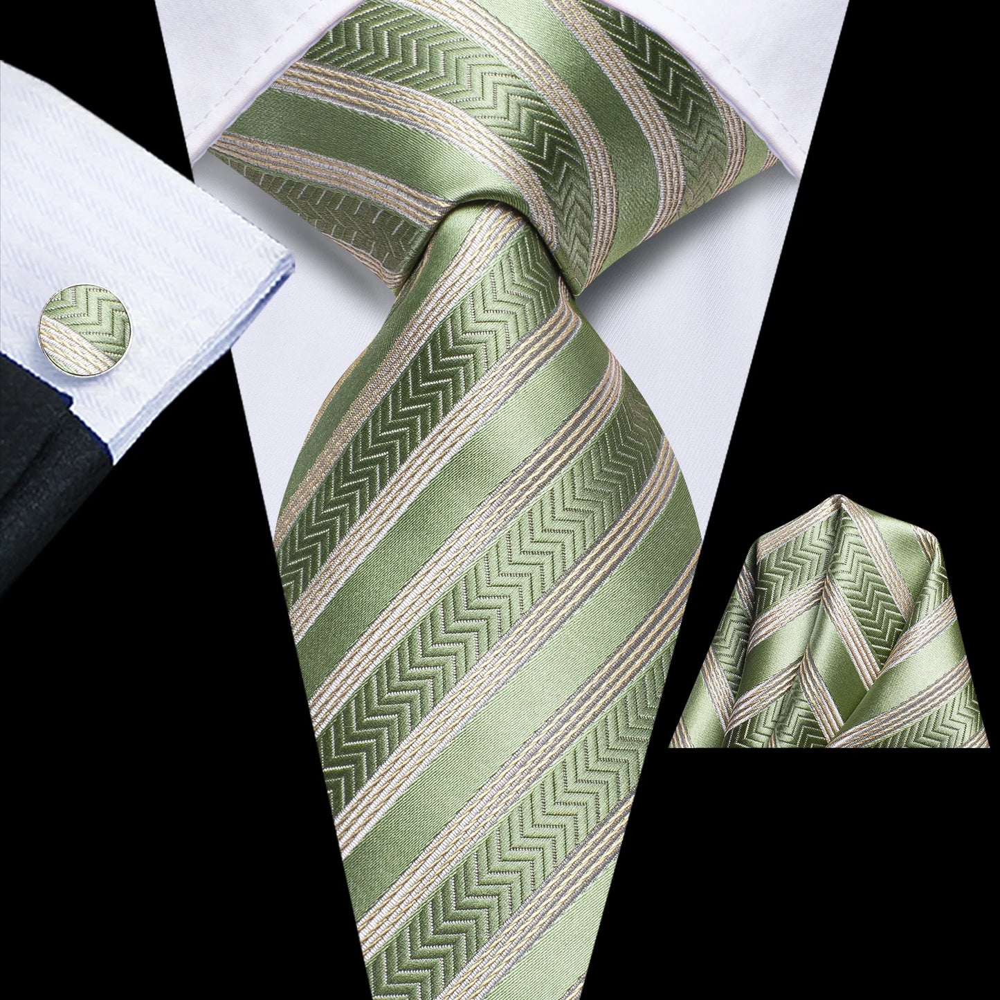Hi-Tie Striped Black Red Gold Green Silk Wedding Tie For Men Handky Cufflink Gift Men Necktie Fashion Designer Business Party