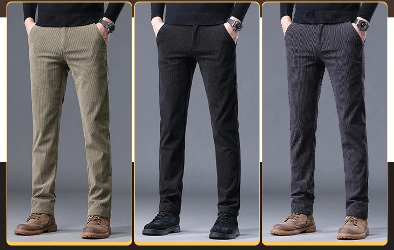Khaki Black Gray Fleece Men's Corduroy Casual Pants Chenille Thick Stretch Business Trousers Mid-rise Brand Winter Thermal Pants