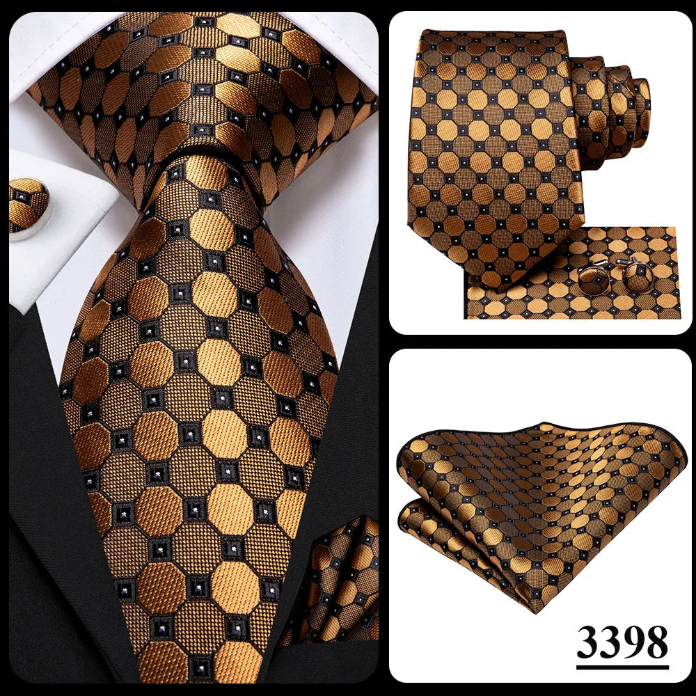 Hi-Tie 100% Silk Luxury Mens Ties Floral Black Gold Ties Paisley NeckTie Pocket Square Cufflinks Set Men's Wedding Party Tie