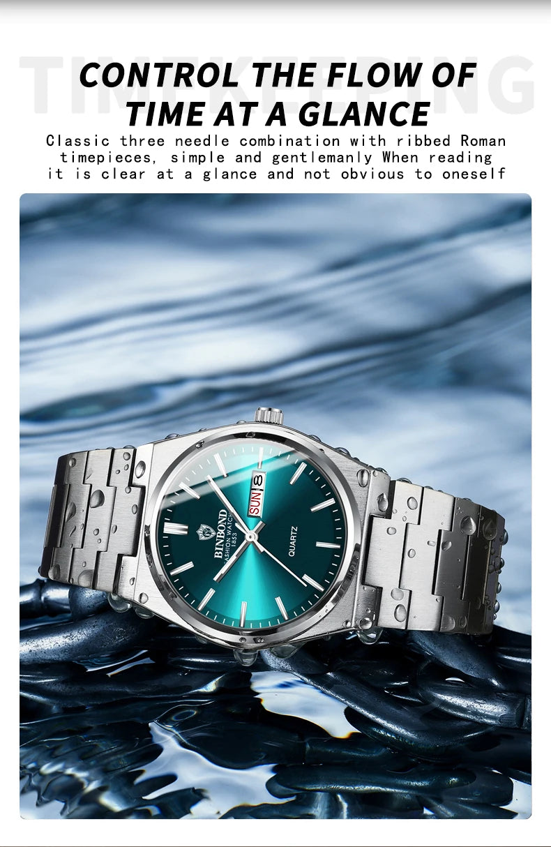 BINBOND Luxury Quartz Man Wristwatch Sport Men Watches Waterproof Luminous Date Week Stainless Steel Men's Watch Male Reloj+box