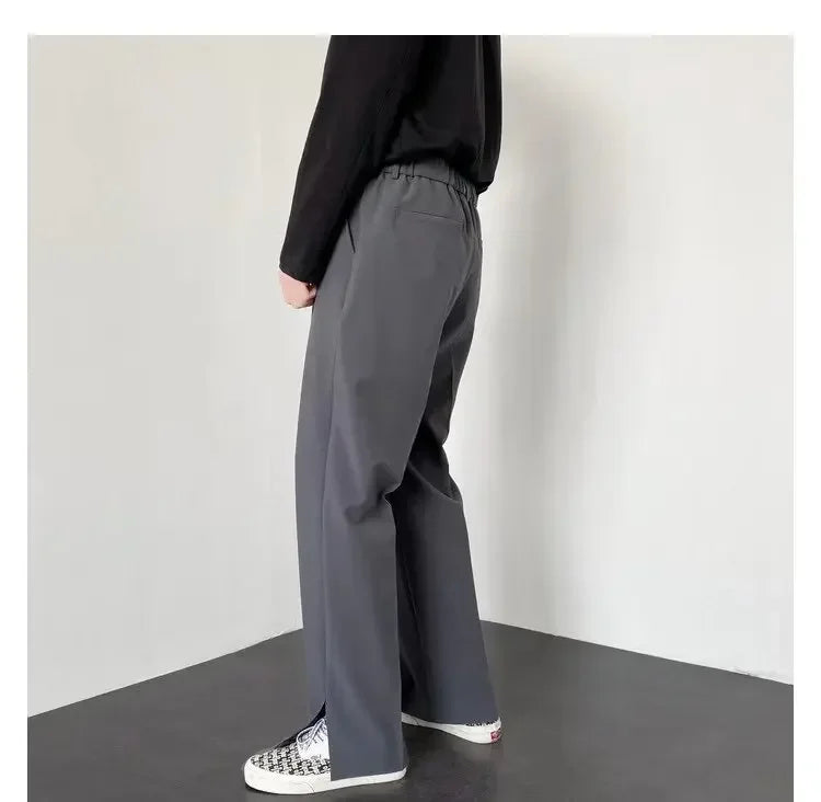 Men's Straight Baggy Casual Pants Korean Slit Personality Suit Trousers Fashion Formal Business Male Streetwear Gray Khaki Black