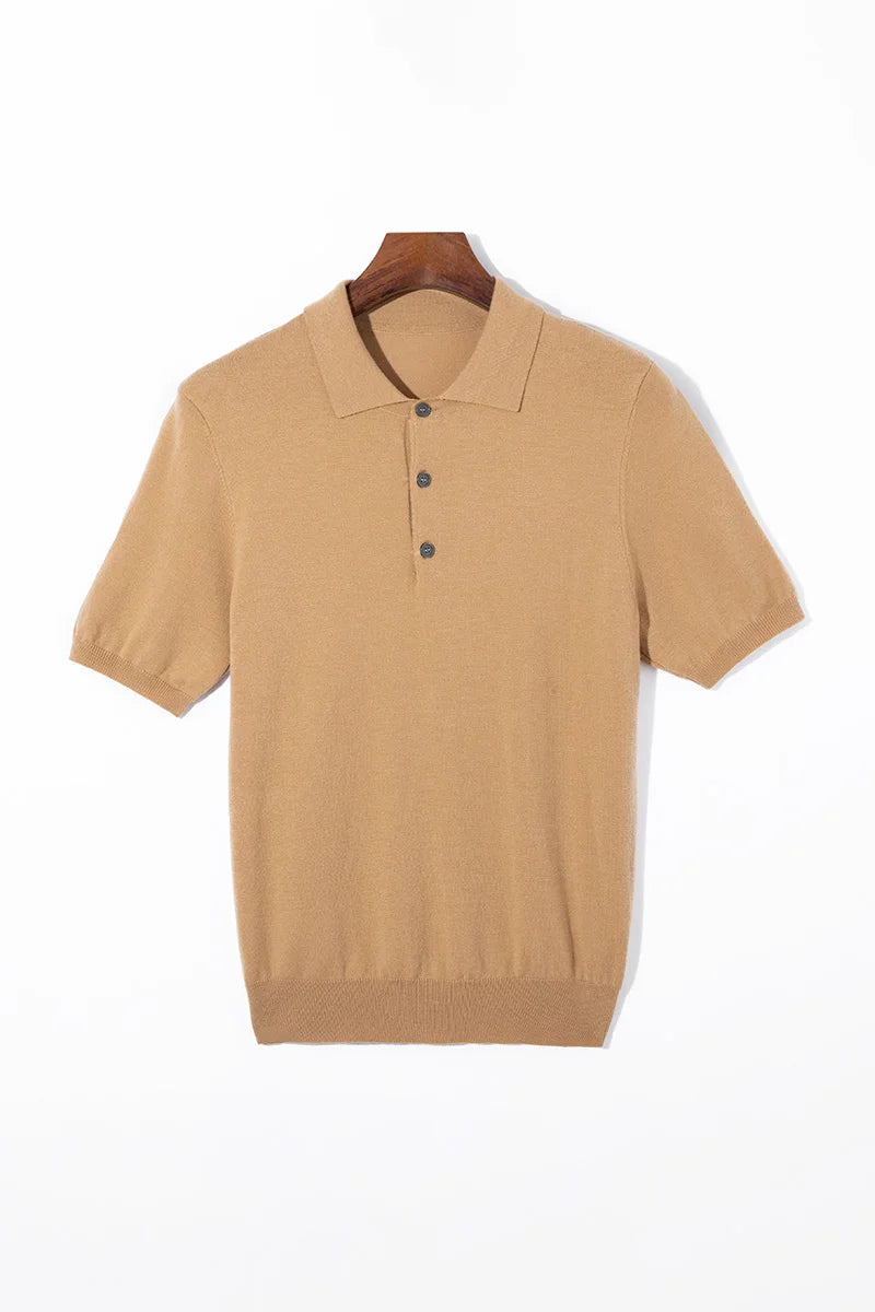 Summer Classic Men Knitwear Silk Wool Blend Sweater Pullover Polo Neck T-Shirt Short Sleeved Cool High-Quality Clothing Tops