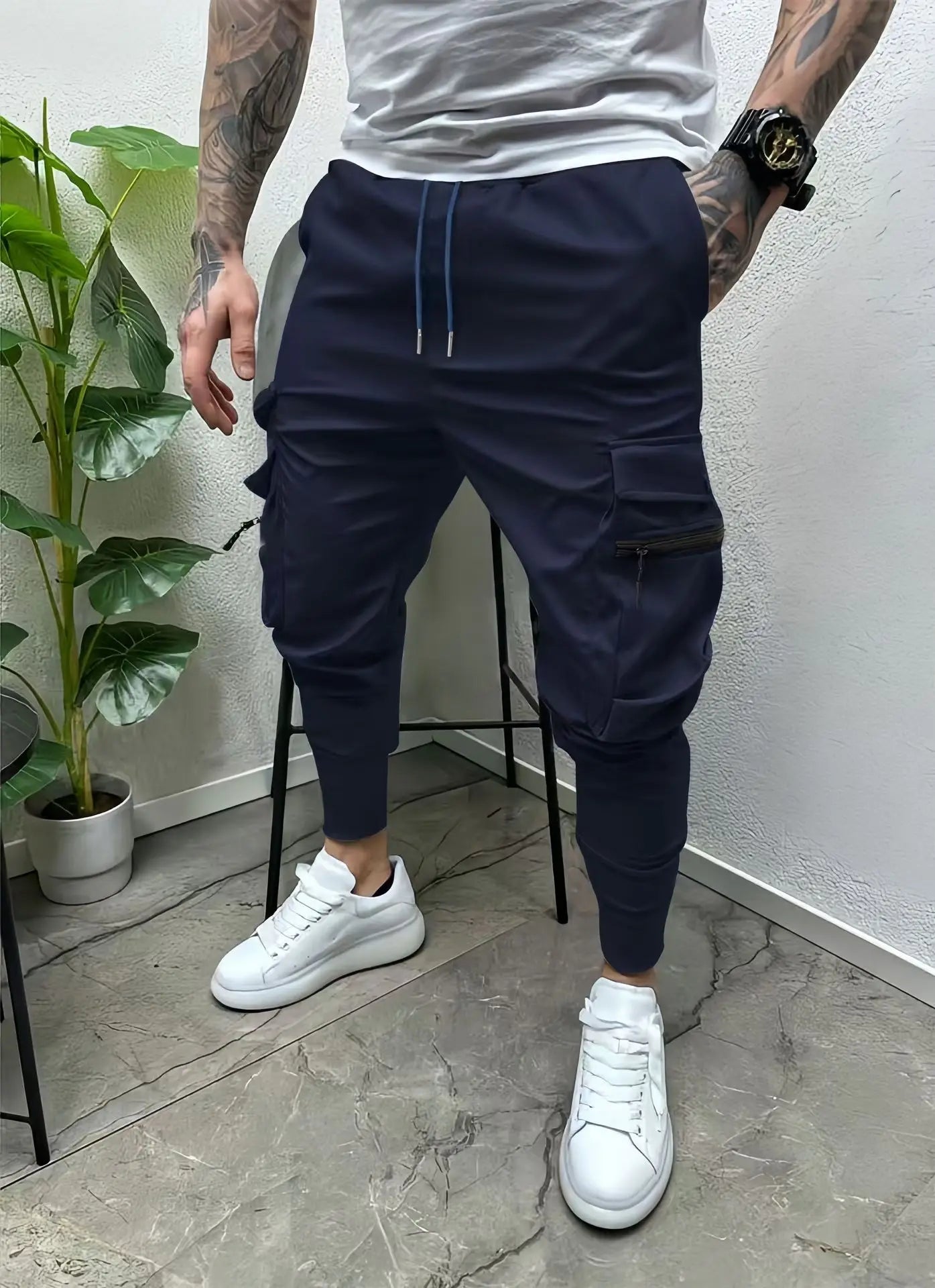 2024 Men's spring and autumn drawstring casual multi-pocket leg slim-fit street overalls outdoor trend pants and fitness pants