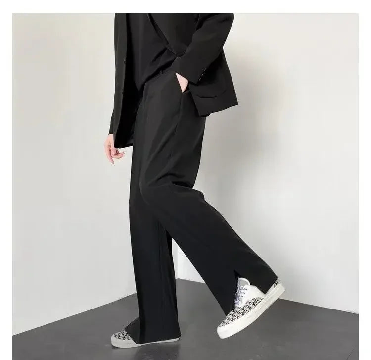 Men's Straight Baggy Casual Pants Korean Slit Personality Suit Trousers Fashion Formal Business Male Streetwear Gray Khaki Black