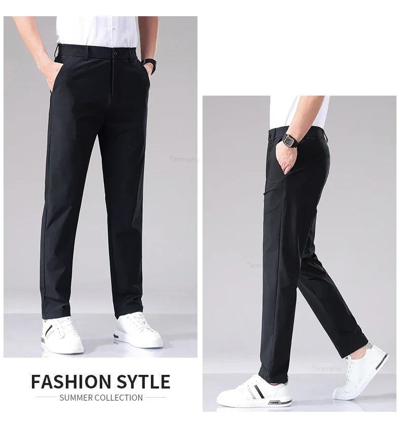 Ultra-thin Elastic Men's Casual Trousers Summer Quick-drying Ice Silk Slim Straight Business Solid Color Trousers Black Gray