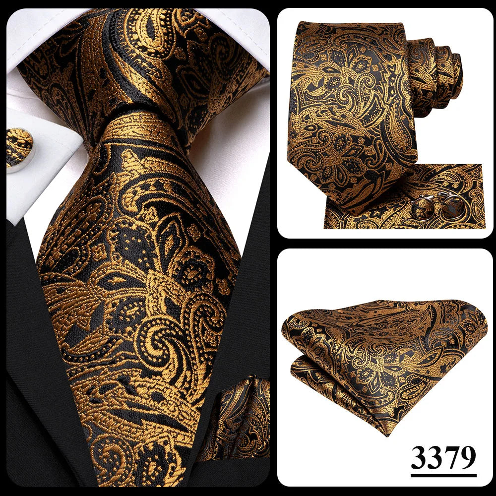 Hi-Tie 100% Silk Luxury Mens Ties Floral Black Gold Ties Paisley NeckTie Pocket Square Cufflinks Set Men's Wedding Party Tie