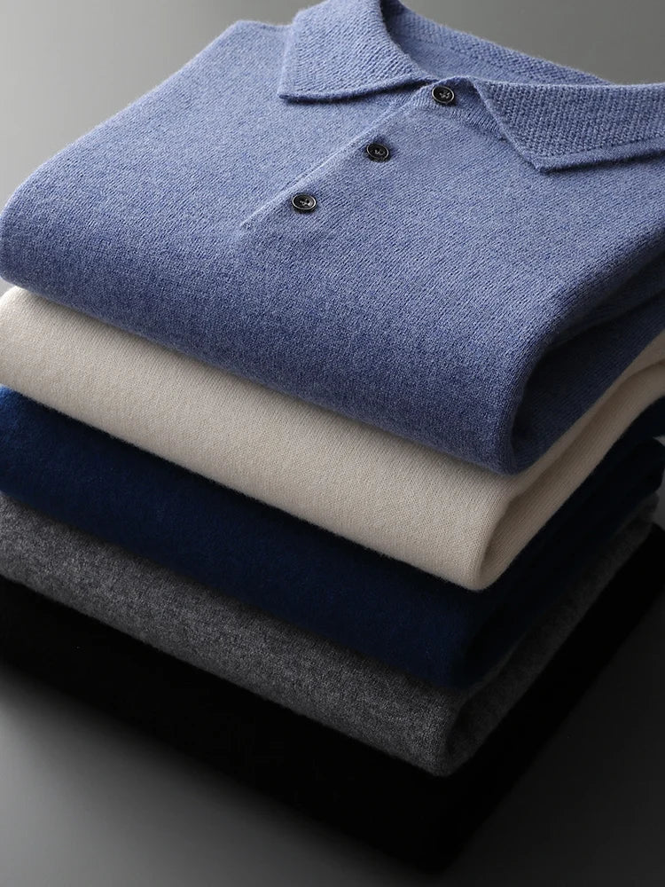 Men's Lapel Knit Pullover 100% Pure Wool Sweater Large Size Spring Autumn Winter Warm Tops Youth Casual Polo Collar T-shirt