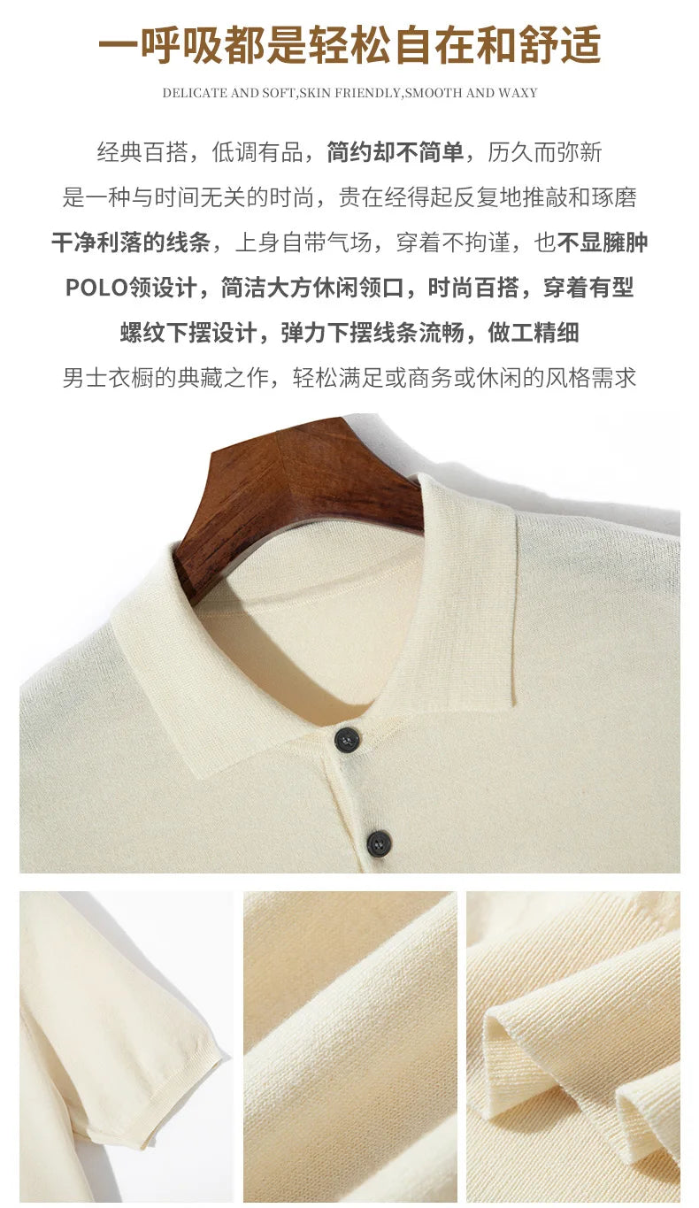 Summer Classic Men Knitwear Silk Wool Blend Sweater Pullover Polo Neck T-Shirt Short Sleeved Cool High-Quality Clothing Tops