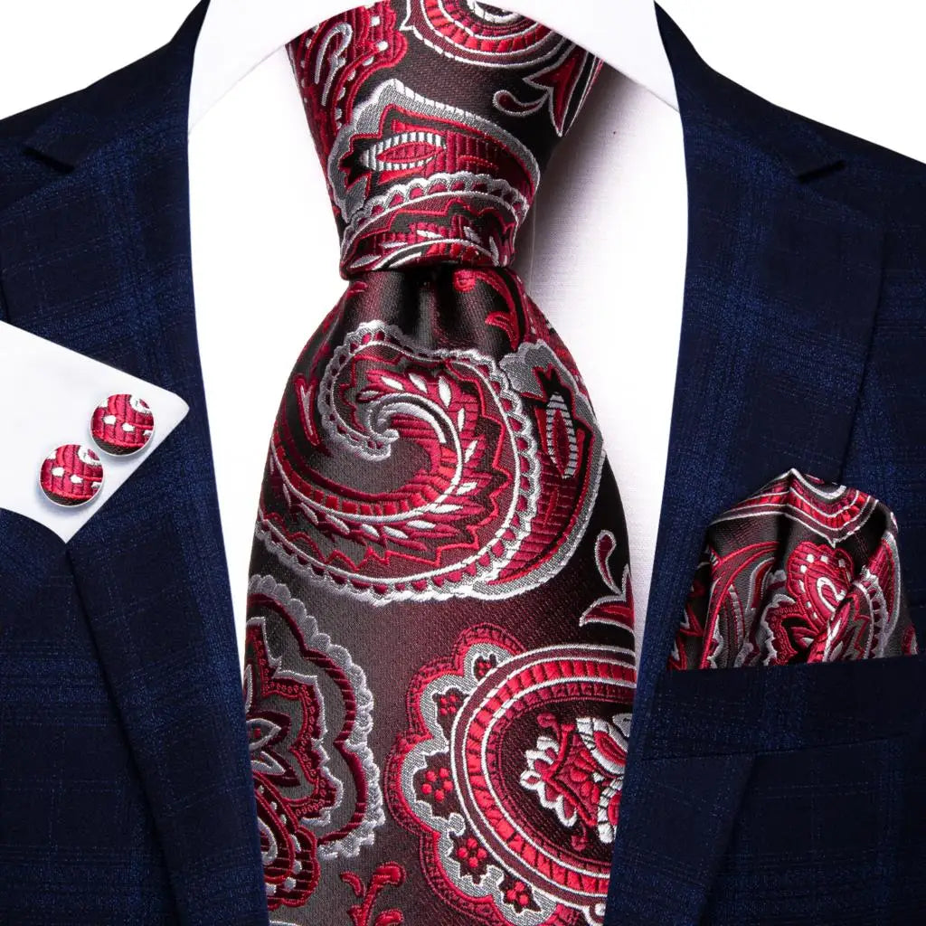 Hi-Tie Red Pureple Paisley Mens Ties Hanky Cufflinks Set Silk Necktie For Men Wedding Party Business 2022 New Fashion Brand