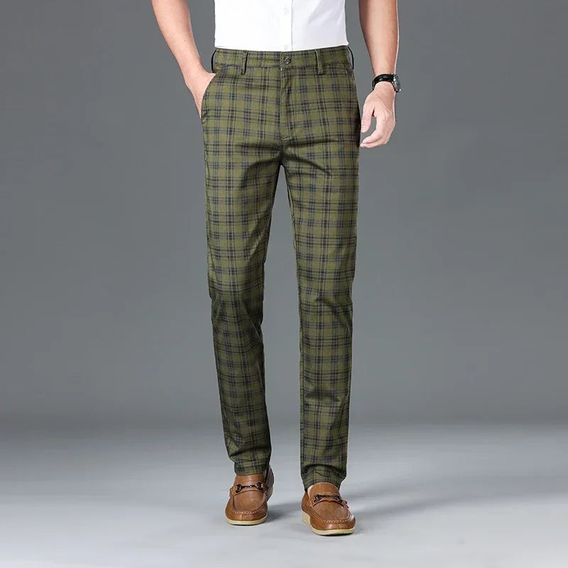 2024 Summer Classic Simple Straight Casual Pants for Men Personalized Checkered Versatile Stretch Business Casual Slim Trousers
