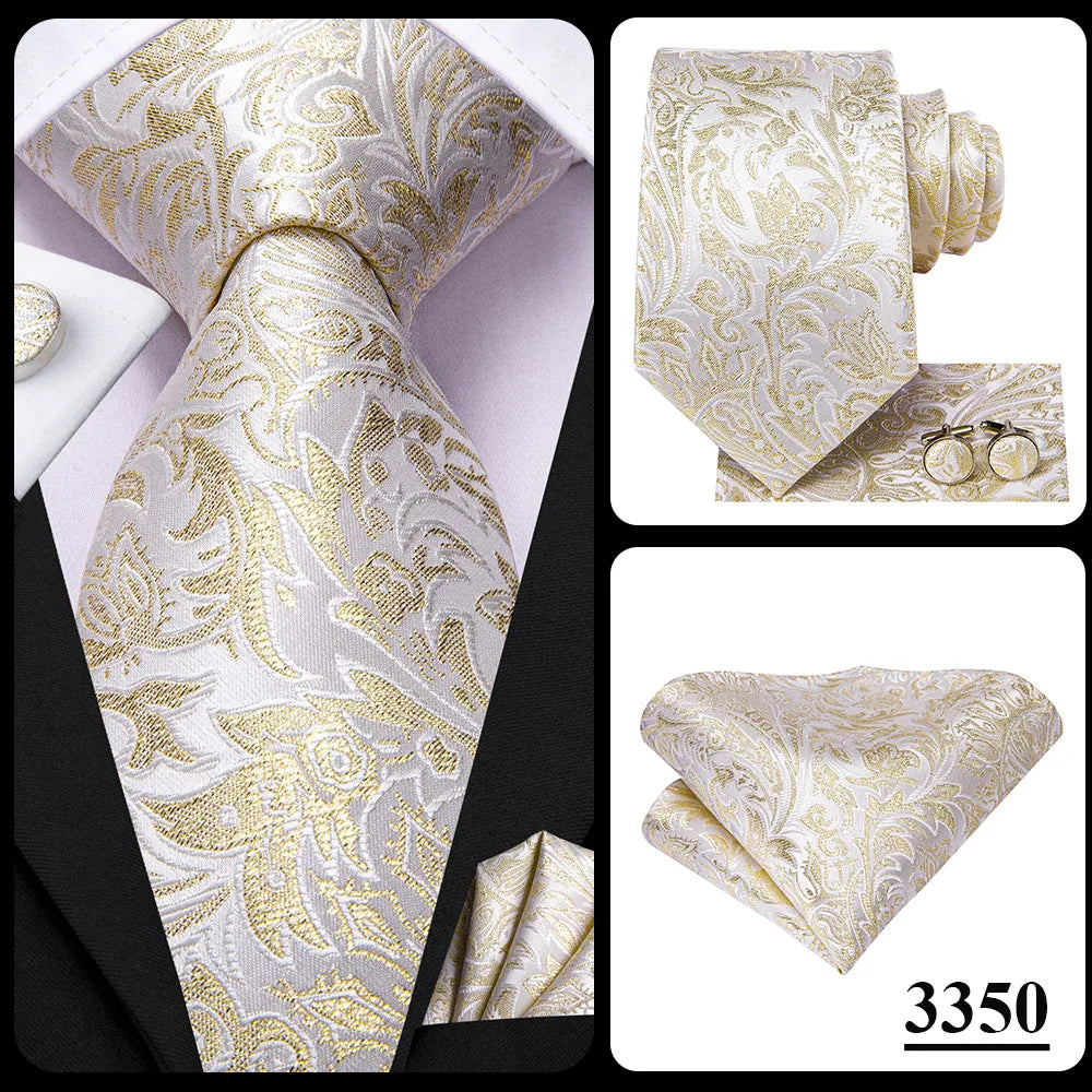 Hi-Tie 100% Silk Luxury Mens Ties Floral Black Gold Ties Paisley NeckTie Pocket Square Cufflinks Set Men's Wedding Party Tie