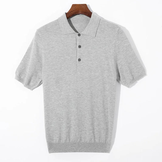 Summer Classic Men Knitwear Silk Wool Blend Sweater Pullover Polo Neck T-Shirt Short Sleeved Cool High-Quality Clothing Tops