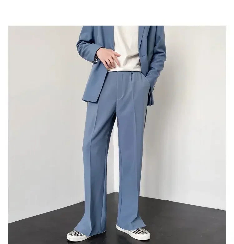 Men's Straight Baggy Casual Pants Korean Slit Personality Suit Trousers Fashion Formal Business Male Streetwear Gray Khaki Black