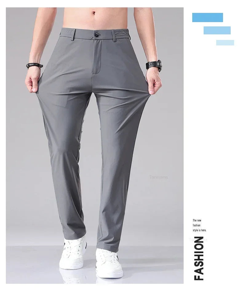 Ultra-thin Elastic Men's Casual Trousers Summer Quick-drying Ice Silk Slim Straight Business Solid Color Trousers Black Gray