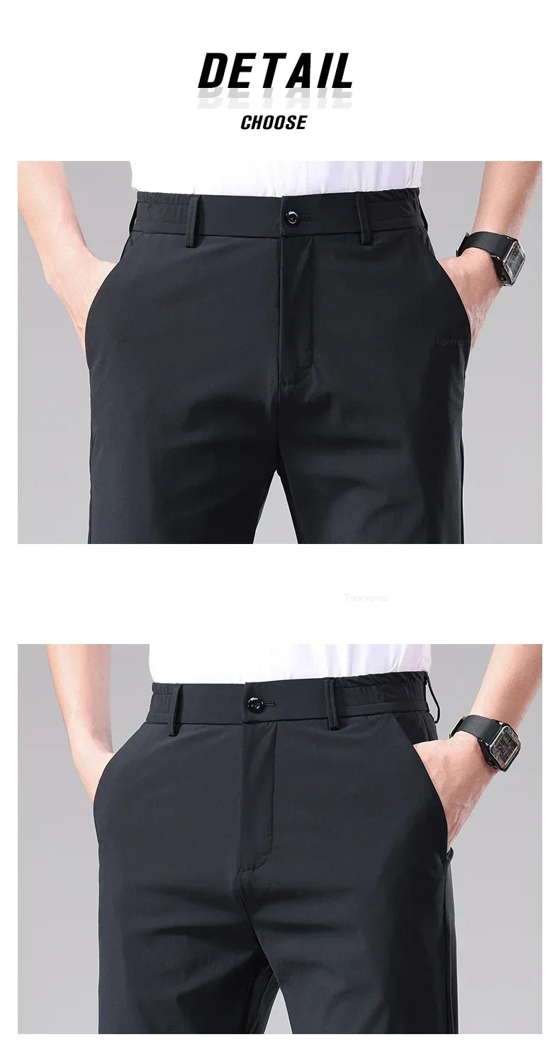 Ultra-thin Elastic Men's Casual Trousers Summer Quick-drying Ice Silk Slim Straight Business Solid Color Trousers Black Gray