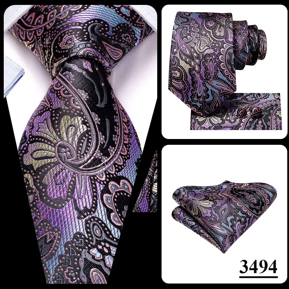 Hi-Tie Red Pureple Paisley Mens Ties Hanky Cufflinks Set Silk Necktie For Men Wedding Party Business 2022 New Fashion Brand