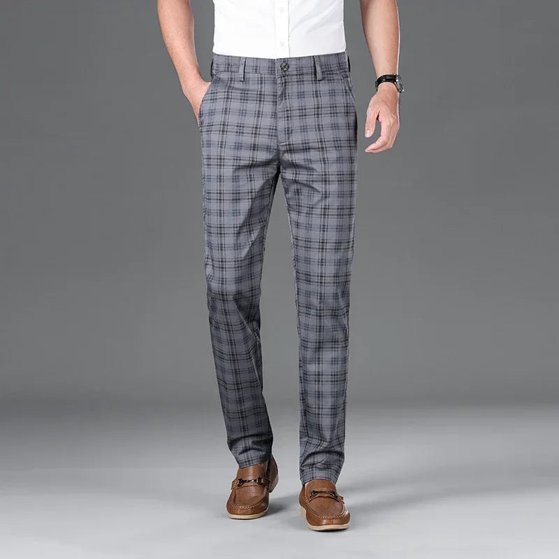 2024 Summer Classic Simple Straight Casual Pants for Men Personalized Checkered Versatile Stretch Business Casual Slim Trousers